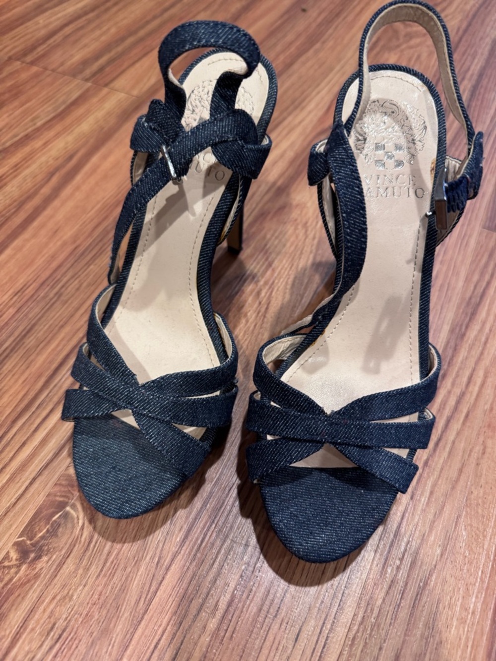 Vince Camuto Dark Denim Cross-Strap Slingback Heels